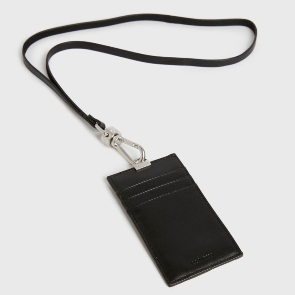 NWOT AllSaints Leather Cardholder Wallet w/ removable Lanyard, Black